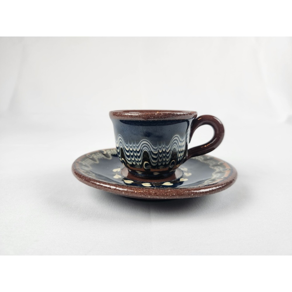 Vintage Bulgarian Troyan Pottery Espresso Cup and Saucer Blue Drip Glaze Ceramic